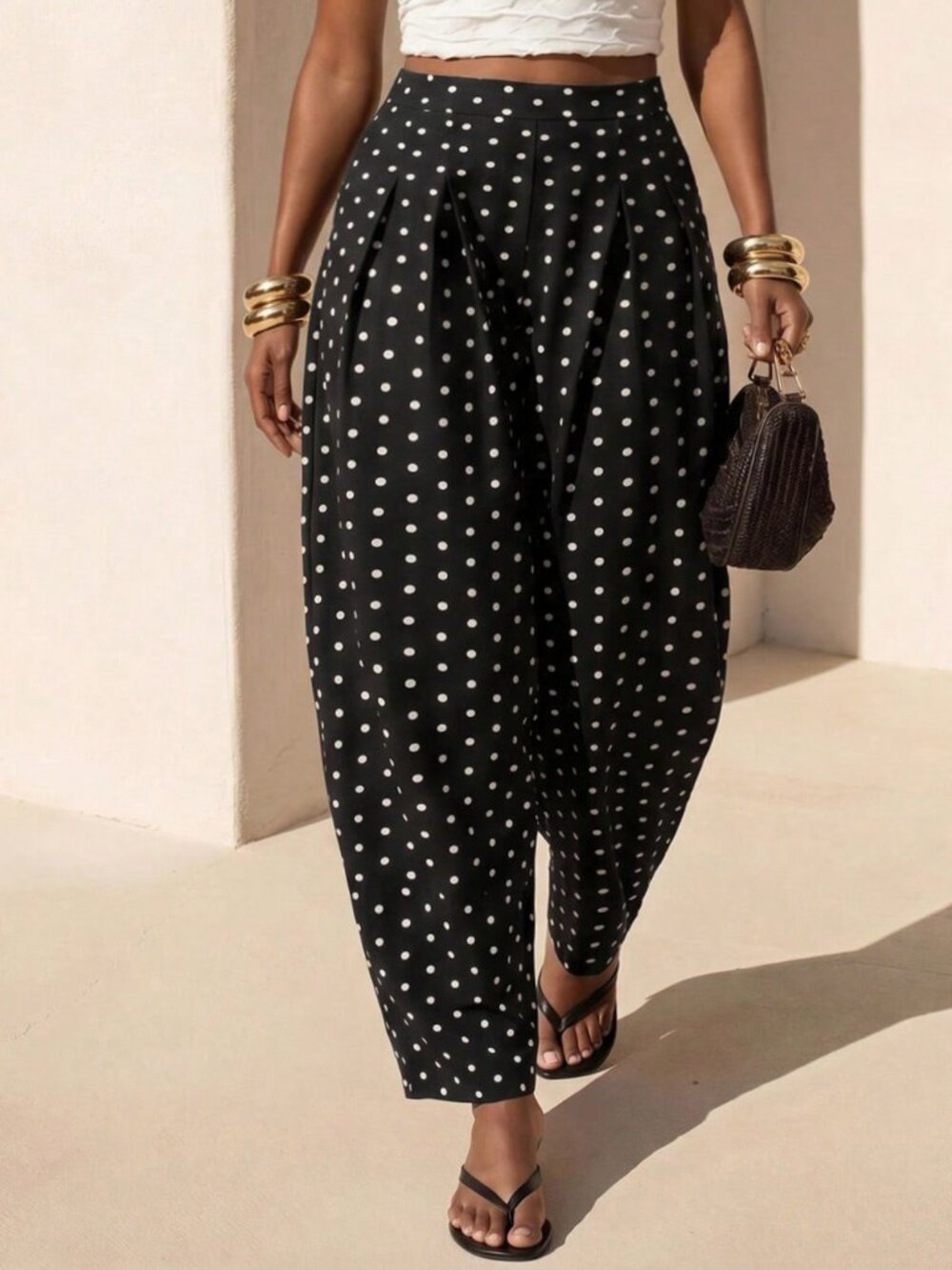Black Casual Women's Vacation Polka Dot Loose Slim-Fit Pant